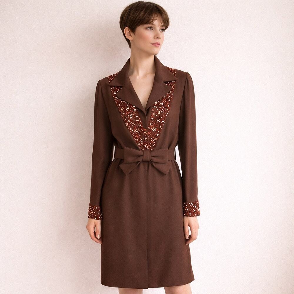 Vintage 1960s Brown Beaded Cocktail Dress Mad Men Era Small